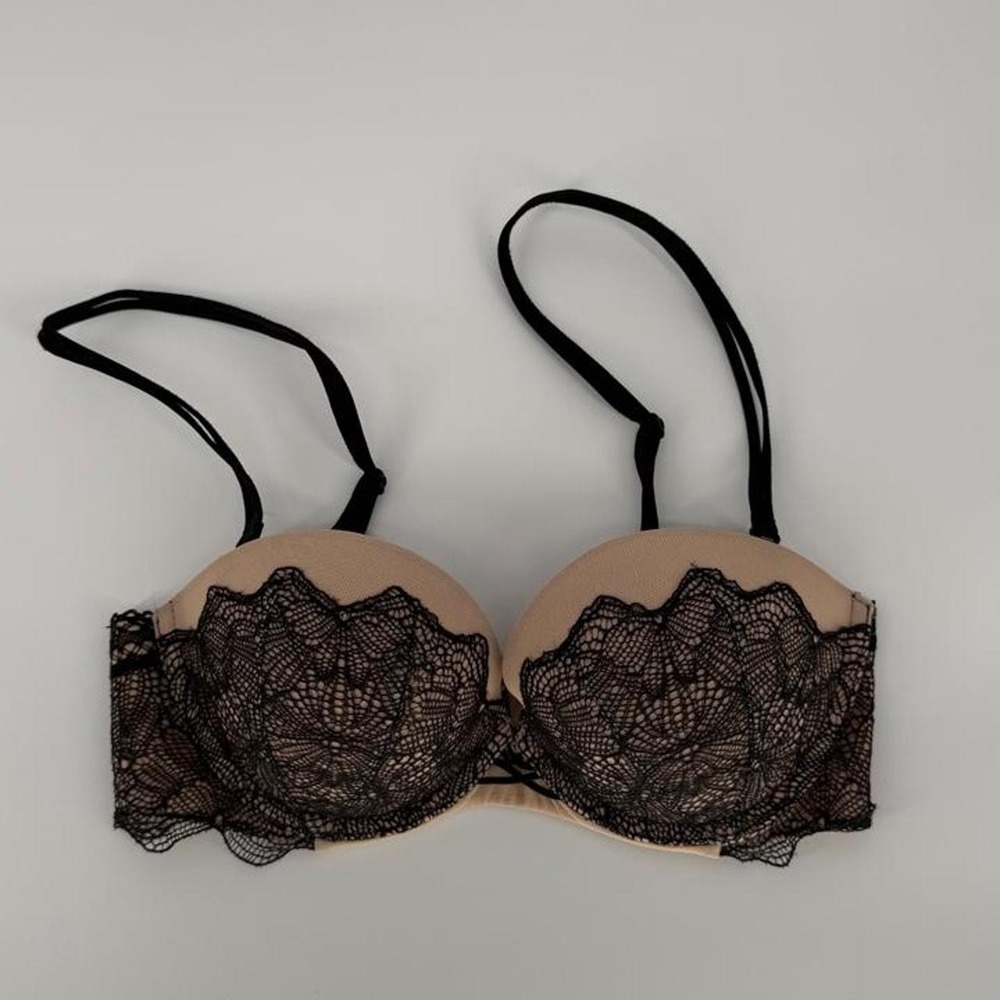 Victorias Secret Black Lace Balconette Bra Beige Multi-Way 32C Lingerie